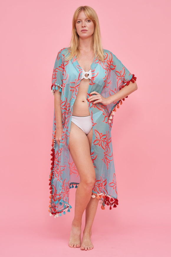 Chiffon Blue & Coral Maxi Kimono Cover Up with Tassel Trim