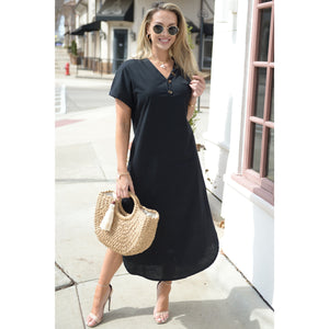 Black Cotton Short Sleeves Knit Maxi Dress