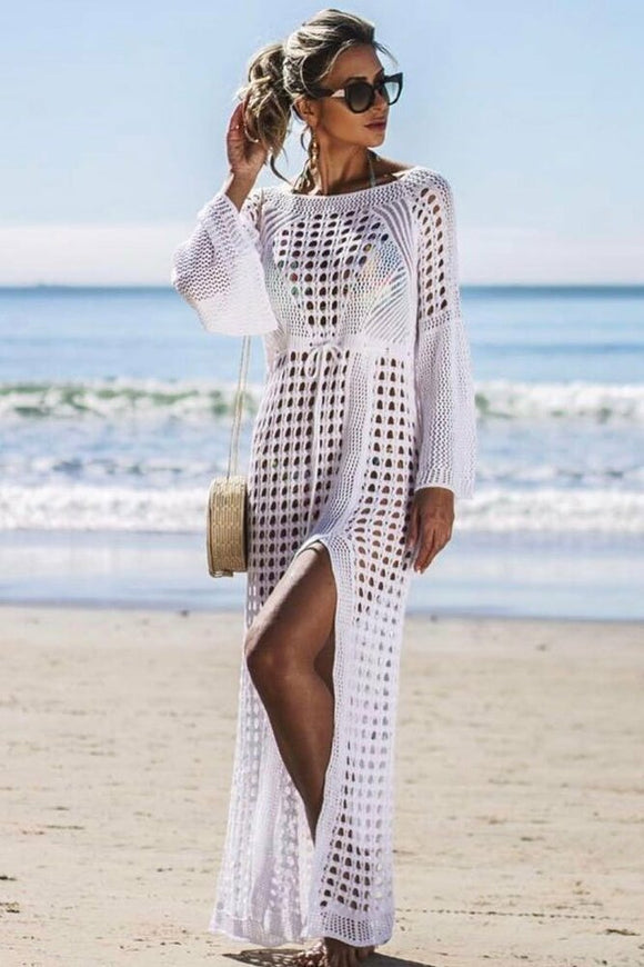 High Split Flare Sleeve Open Knit Crochet Coverup