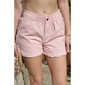 Elastic Waist Light Wash Blush Denim Shorts